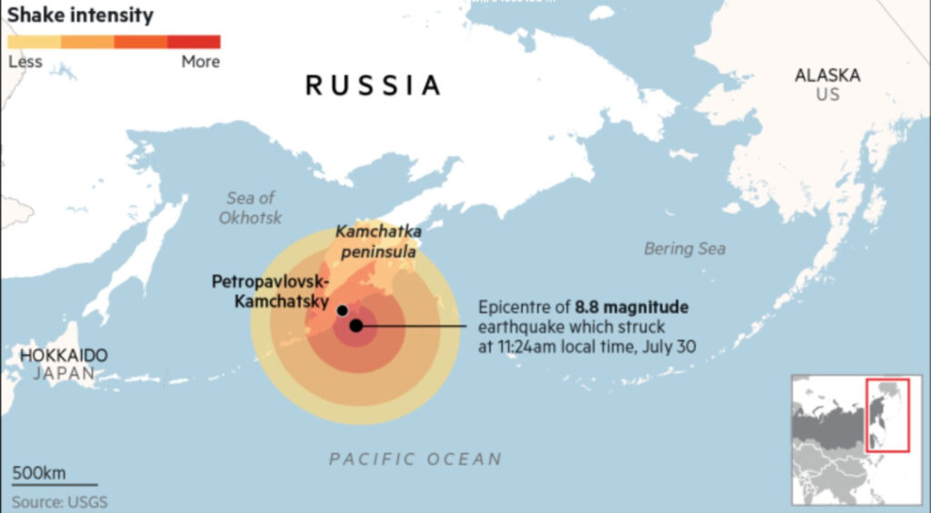 "Map showing the epicenter and shake intensity of the 8.8 magnitude earthquake near Kamchatka Peninsula, Russia, on July 30, 2025."