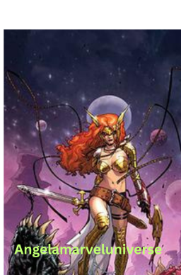 Angela, the fierce warrior from Marvel Comics, wielding her golden sword and dressed in battle armor, standing against a cosmic background.